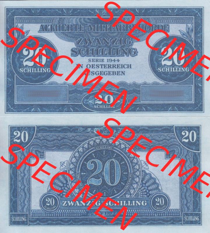 Banknoten Österreich 1944-1944, Schilling Alliierte Militärbehörde. Vorderseite und Rückseite auf einen Digitalen Bild der Banknoten von Österreich 1944 Alliierte... Sammlung