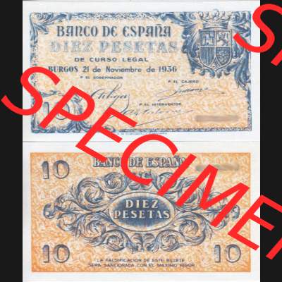 Banknoten Spanien 1936-1936, 10 Peseten. Vorderseite und Rückseite auf einen Digitalen Bild der Banknoten von Spanien 1936, Banknoten aus Satz der Banknoten Spanien 1936 in der... Sammlung