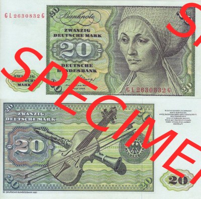 BRD Deutschland Deutsche Bundesbank 1980, 20 DM-Deutsche Mark. Vorderseite und Rückseite auf einen Digitalen Bild der Banknoten... Sammlung