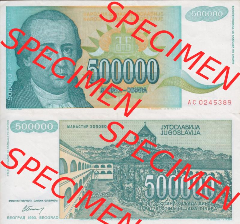 Banknoten Jugoslawien 1993-1993, 500000 Dinar. Vorderseite und Rückseite einer Banknote aus dem nicht mehr existierenden Land Jugoslawien auf einen Digitalen Bild, Banknoten aus... Sammlung