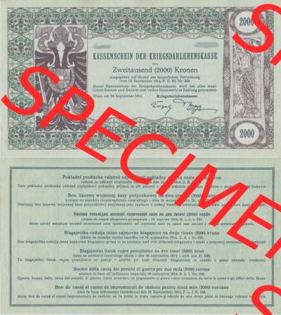 Banknoten Österreich 1914-1914, 2000 Kronen KRIEGSDARLEHENSKASSE KASSENSCHEIN. Vorderseite und Rückseite auf einen Digitalen... Sammlung