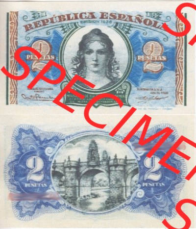 Banknoten Spanien 1938-1938, 2 Peseten I.. Vorderseite und Rückseite auf einen Digitalen Bild der Banknoten von Spanien 1937-1938,... Sammlung