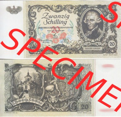 Banknoten Österreich 1950-1950, 20 Schilling. Vorderseite und Rückseite auf einen Digitalen Bild der Banknoten von Österreich... Sammlung
