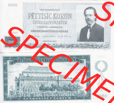 Banknoten Tschechoslowakei 1945-1945, 5000 Kronen, Pet-Tisic Korun. Vorderseite und Rückseite auf einen Digitalen Bild der Banknoten... Sammlung