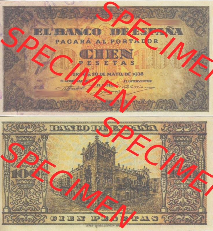 Banknoten Spanien 1938-1938, 100 Peseten. Vorderseite und Rückseite auf einen Digitalen Bild der Banknoten von Spanien 1937-1938, Banknoten aus Satz der Banknoten Spanien 1937-1938... Sammlung