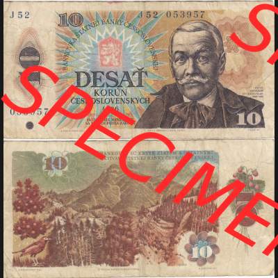 Banknoten Tschechoslowakei 1986-1986, 10 Korun II.. Vorderseite und Rückseite auf einen Digitalen Bild der Banknoten der Tschechoslowakei 1970-1988, Banknoten aus Satz der... Sammlung