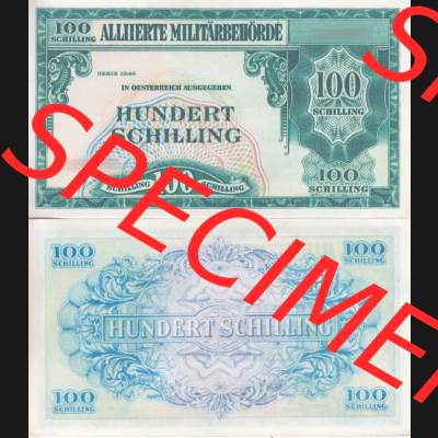 Banknoten Österreich 1944-1944, 100 Schilling Alliierte Militärbehörde. Vorderseite und Rückseite auf einen Digitalen Bild der Banknoten von Österreich 1944 Alliierte... Sammlung