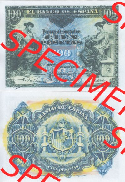Banknoten Spanien 1906-1906, 100 Peseten. Vorderseite und Rückseite auf einen Digitalen Bild der Banknoten von Spanien 1906,... Sammlung