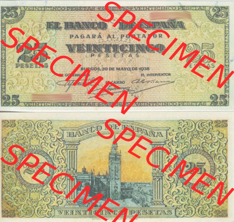 Banknoten Spanien 1938-1938, 25 Peseten. Vorderseite und Rückseite auf einen Digitalen Bild der Banknoten von Spanien 1937-1938, Banknoten aus Satz der Banknoten Spanien 1937-1938... Sammlung