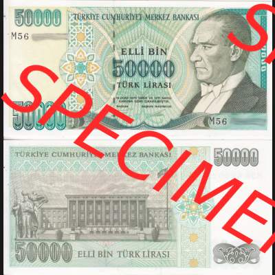 Banknote Türkei 1970, 50000 Lire. Vorderseite und Rückseite auf einen Digitalen Bild der Banknoten der Türkei 1968-1986, Banknoten aus Satz der Banknoten der Türkei... Sammlung