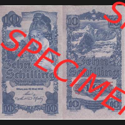 Banknoten Österreich 1945-1945, 10 Schilling Erste Ausgabe. Vorderseite und Rückseite auf einen Digitalen Bild der Banknoten von Österreich 1945 Schilling, Banknoten aus... Sammlung