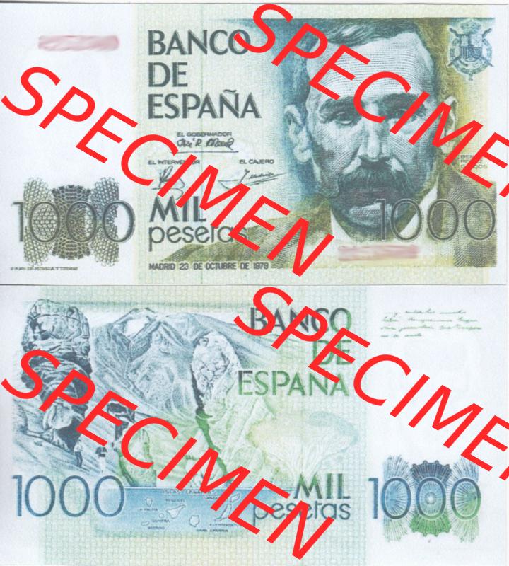 Banknoten Spanien 1979-1982, 1000 Peseten. Vorderseite und Rückseite auf einen Digitalen Bild der Banknoten von Spanien 1979-1987, Banknoten aus Satz der Banknoten Spanien 1979-1987... Sammlung