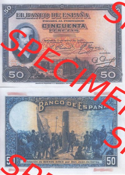 Banknoten Spanien 1927-1927, 50 Peseten. Vorderseite und Rückseite auf einen Digitalen Bild der Banknoten von Spanien 1926-1927,... Sammlung