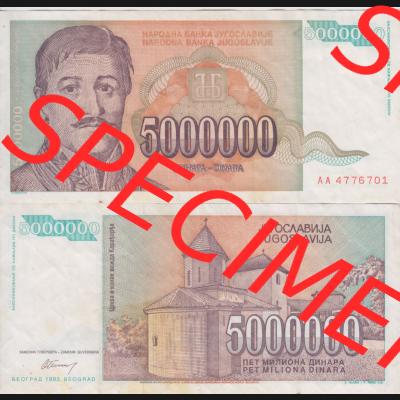 Banknoten Jugoslawien 1993-1993, 5000000 Dinar. Vorderseite und Rückseite einer Banknote aus dem nicht mehr existierenden Land Jugoslawien auf einen Digitalen Bild, Banknoten aus... Sammlung