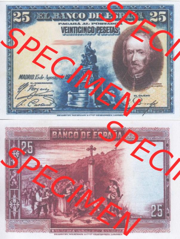 Banknoten Spanien 1928-1928, 25 Peseten. Vorderseite und Rückseite auf einen Digitalen Bild der Banknoten von Spanien 1928, Banknoten aus Satz der Banknoten Spanien 1928 in der... Sammlung