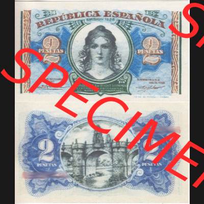 Banknoten Spanien 1938-1938, 2 Peseten I.. Vorderseite und Rückseite auf einen Digitalen Bild der Banknoten von Spanien 1937-1938, Banknoten aus Satz der Banknoten Spanien... Sammlung