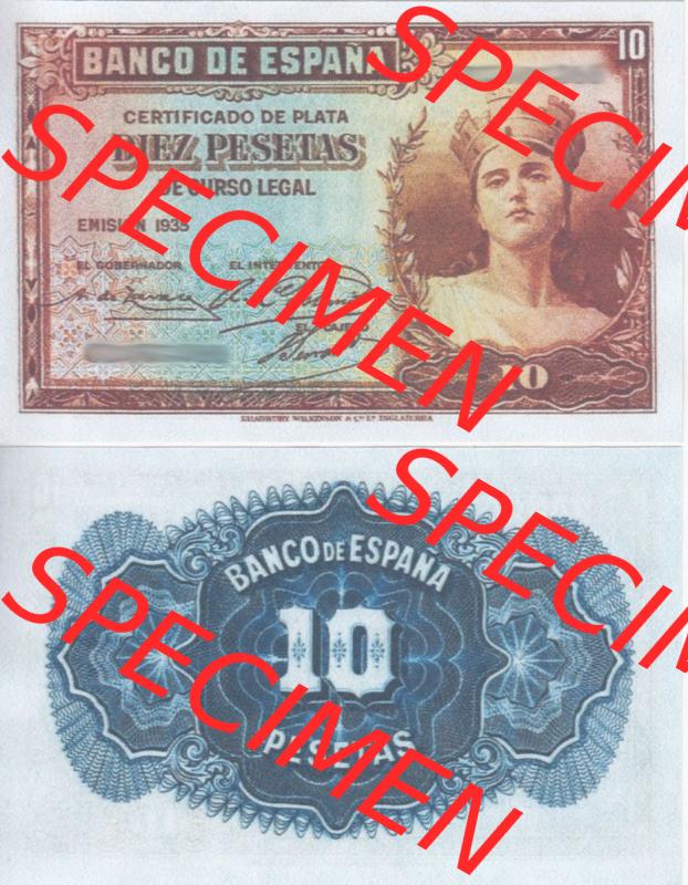 Banknoten Spanien 1935-1936, 10 Peseten. Vorderseite und Rückseite auf einen Digitalen Bild der Banknoten von Spanien 1935-1938, Banknoten aus Satz der Banknoten Spanien 1935-1938... Sammlung