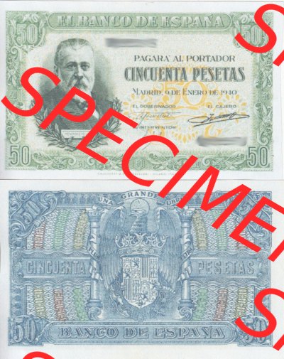 Banknoten Spanien 1940-1943, 50 Peseten. Vorderseite und Rückseite auf einen Digitalen Bild der Banknoten von Spanien 1940, 1943,... Sammlung