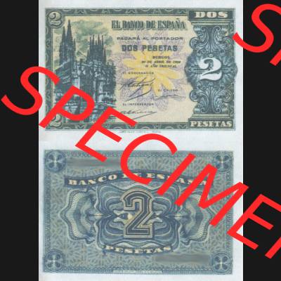 Banknoten Spanien 1938-1938, 2 Peseten. Vorderseite und Rückseite auf einen Digitalen Bild der Banknoten von Spanien 1937-1938, Banknoten aus Satz der Banknoten Spanien 1937-1938... Sammlung