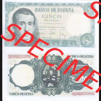 Banknoten Spanien 1951-1951, 5 Peseten. Vorderseite und Rückseite auf einen Digitalen Bild der Banknoten von Spanien 1951-1956, Banknoten aus Satz der Banknoten Spanien 1951-1956... Sammlung