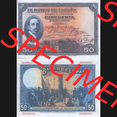 Banknoten Spanien 1927-1927, 50 Peseten. Vorderseite und Rückseite auf einen Digitalen Bild der Banknoten von Spanien 1926-1927, Banknoten aus Satz der Banknoten Spanien 1926-1927... Sammlung