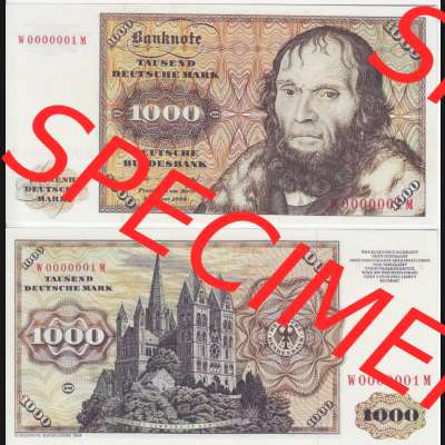 BRD Deutschland Deutsche Bundesbank 1980, 1000 DM-Deutsche Mark. Vorderseite und Rückseite auf einen Digitalen Bild der Banknoten Deutschland Deutsche Bundesbank 1980, Banknoten... Sammlung