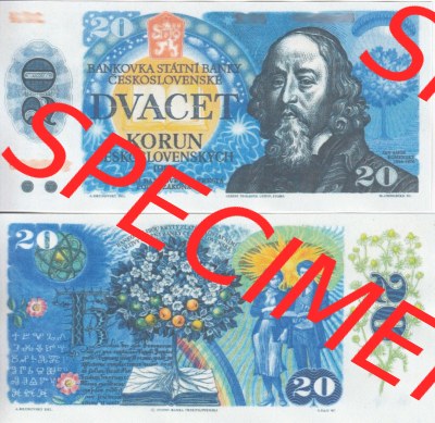 Banknoten Tschechoslowakei 1988-1988, 20 Kronen. Vorderseite und Rückseite auf einen Digitalen Bild der Banknoten der Tschechoslowakei... Sammlung