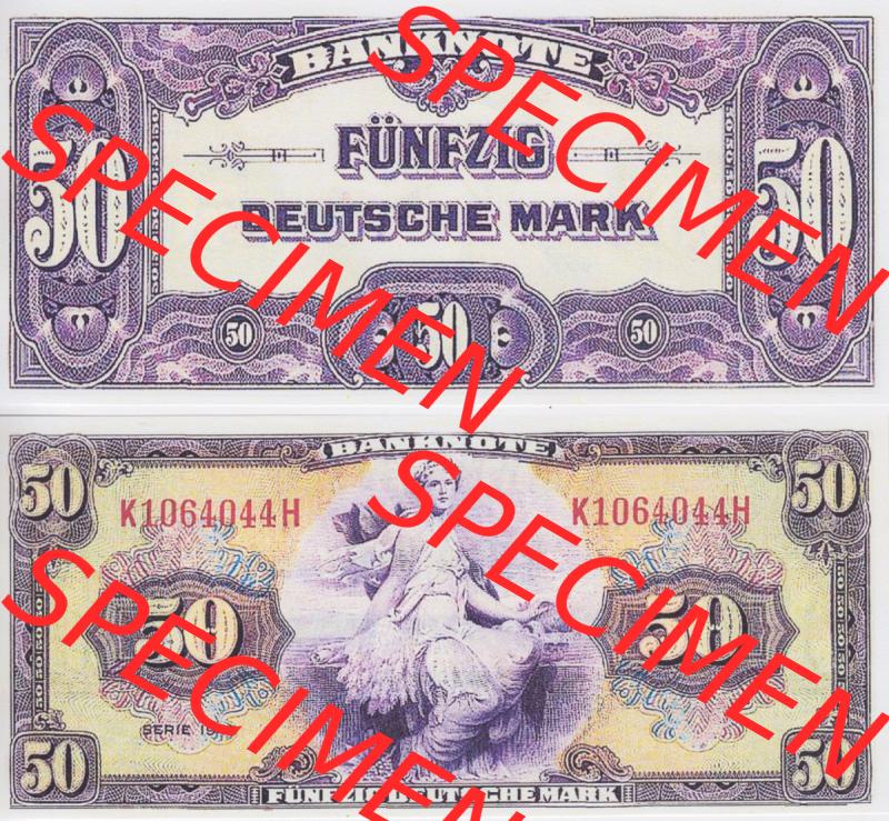 BRD Deutschland Alliierte Besetzung 1948, 50 Deutsche Mark I.. Vorderseite und Rückseite auf einen Digitalen Bild der Banknoten Deutschland 1948 der Alliierte Besetzung,... Sammlung