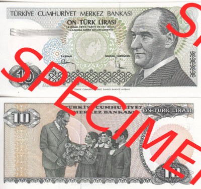Banknote Türkei 1979-1979 (1970), 10 Lira I.. Vorderseite und Rückseite auf einen Digitalen Bild der Banknoten der Türkei 1968-1986,... Sammlung