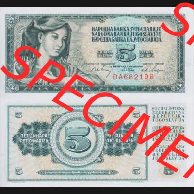 Banknoten Jugoslawien 1968-1968, 5 Dinar. Vorderseite und Rückseite einer Banknote aus dem nicht mehr existierenden Land Jugoslawien auf einen Digitalen Bild, Banknoten aus Satz... Sammlung