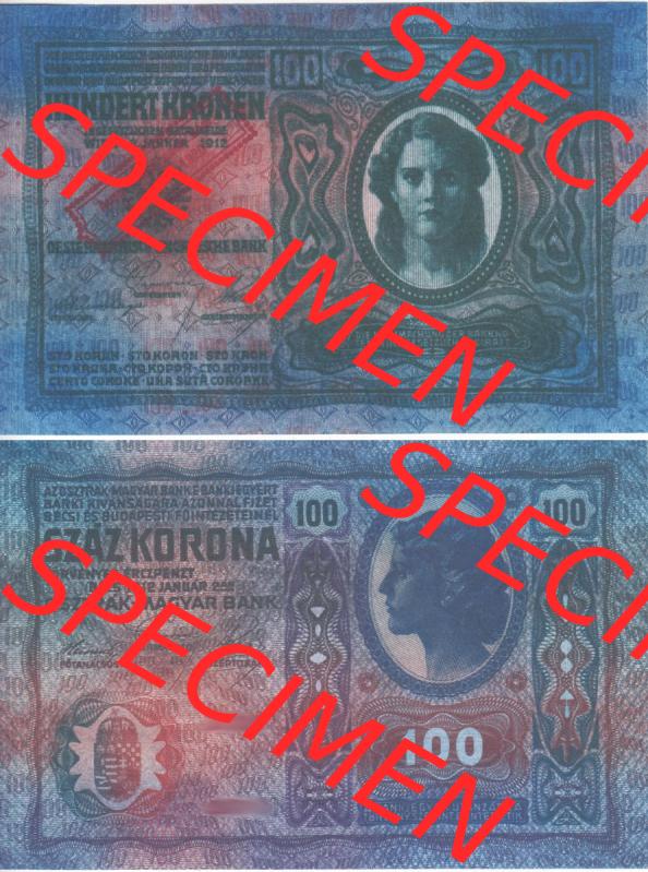 Banknoten Österreich 1920-1920, 100 Kronen Aufdruck. Vorderseite und Rückseite auf einen Digitalen Bild der Banknoten von Österreich 1920 nach 4. Oktober 1920,... Sammlung