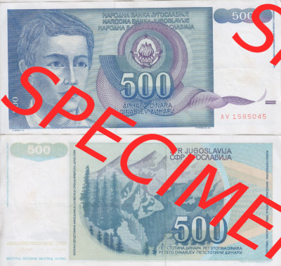 Banknoten Jugoslawien 1990-1990, 500 Dinar. Vorderseite und Rückseite einer Banknote aus dem nicht mehr existierenden Land Jugoslawien... Sammlung