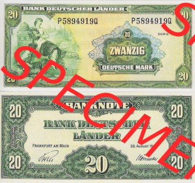 BRD Deutschland Bank Deutscher Länder 1949, 20 DM Deutsche Mark. Vorderseite und Rückseite auf einen Digitalen Bild der Banknoten... Sammlung