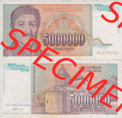 Banknoten Jugoslawien 1993-1993, 5000000 Dinar. Vorderseite und Rückseite einer Banknote aus dem nicht mehr existierenden Land... Sammlung