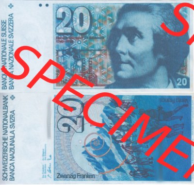 Banknoten Schweiz 1978-1992, 20 Franken. Vorderseite und Rückseite auf einen Digitalen Bild der Banknoten der Schweiz 1975-1993,... Sammlung