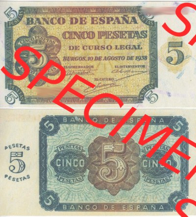 Banknoten Spanien 1938-1938, 5 Peseten. Vorderseite und Rückseite auf einen Digitalen Bild der Banknoten von Spanien 1937-1938,... Sammlung