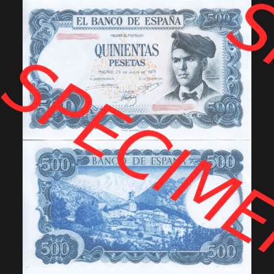 Banknoten Spanien 1971-1973, 500 Peseten. Vorderseite und Rückseite auf einen Digitalen Bild der Banknoten von Spanien 1965-1978, Banknoten aus Satz der Banknoten Spanien 1965-1978... Sammlung
