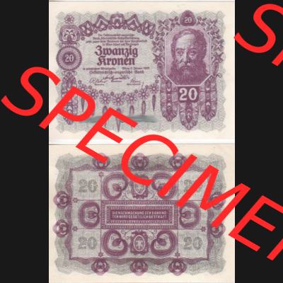 Banknoten Österreich 1922-1922, 20 Kronen. Vorderseite und Rückseite auf einen Digitalen Bild der Banknoten von Österreich 1922, Banknoten aus Satz der Banknoten Österreich... Sammlung