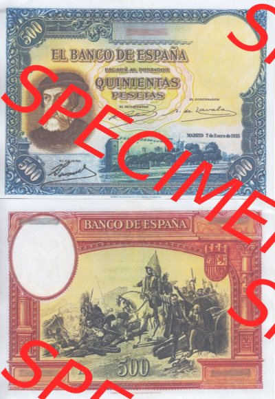 Banknoten Spanien 1935-1935, 500 Peseten. Vorderseite und Rückseite auf einen Digitalen Bild der Banknoten von Spanien 1935-1938,... Sammlung