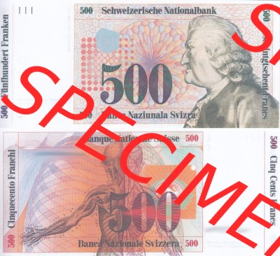 Banknoten Schweiz 1985-1985, 500 Franken. Vorderseite und Rückseite auf einen Digitalen Bild der Banknoten der Schweiz 1983-1985,... Sammlung