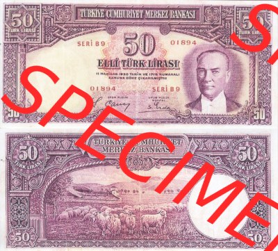 Banknote Türkei 1938, P129, 50 Lira. Vorderseite und Rückseite auf einen Digitalen Bild der Banknoten der Türkei 1937-1939,... Sammlung