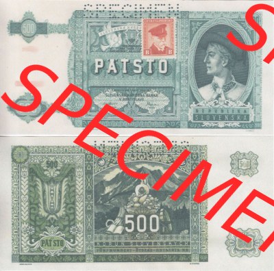 Banknoten Tschechoslowakei 1945-1945, 500 Kronen I mit aufgeklebter Briefmarke, Geldscheine mit Briefmarken der provisorischen... Sammlung