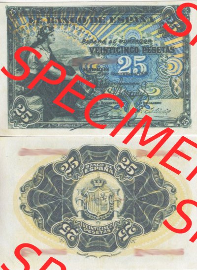Banknoten Spanien 1906-1906, 25 Peseten. Vorderseite und Rückseite auf einen Digitalen Bild der Banknoten von Spanien 1906, Banknoten... Sammlung