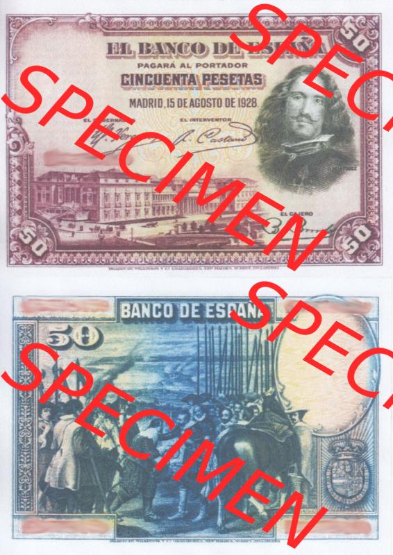 Banknoten Spanien 1928-1928, 50 Peseten. Vorderseite und Rückseite auf einen Digitalen Bild der Banknoten von Spanien 1928, Banknoten aus Satz der Banknoten Spanien 1928 in der... Sammlung