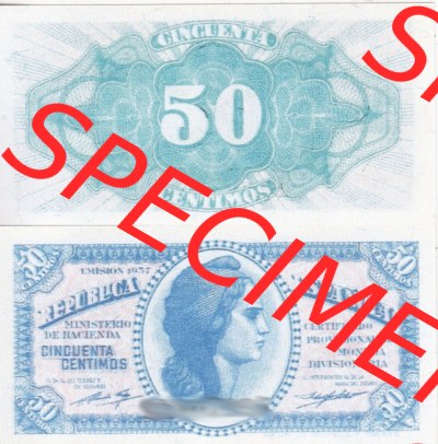 Banknoten Spanien 1937-1937, 50 Centimos. Vorderseite und Rückseite auf einen Digitalen Bild der Banknoten von Spanien 1937-1938,... Sammlung