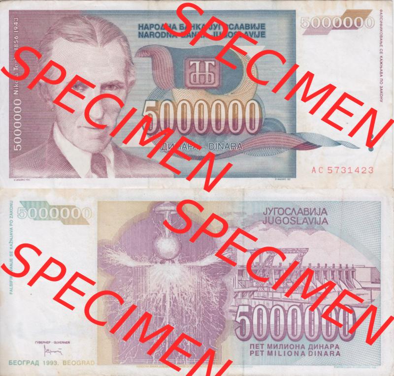 Banknoten Jugoslawien 1993-1993, 5000000 Dinar. Vorderseite und Rückseite einer Banknote aus dem nicht mehr existierenden Land Jugoslawien auf einen Digitalen Bild, Banknoten aus... Sammlung