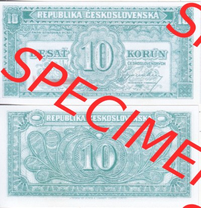 Banknoten Tschechoslowakei 1945-1945, 10 Kronen. Vorderseite und Rückseite auf einen Digitalen Bild der Banknoten der Tschechoslowakei... Sammlung