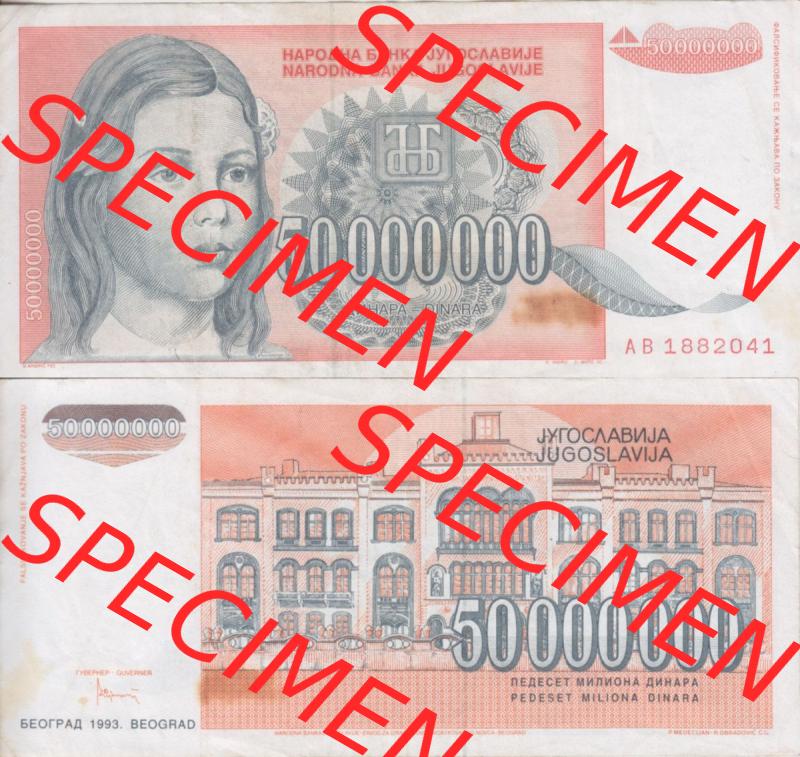 Banknoten Jugoslawien 1993-1993, 50000000 Dinar. Vorderseite und Rückseite einer Banknote aus dem nicht mehr existierenden Land Jugoslawien auf einen Digitalen Bild, Banknoten aus... Sammlung