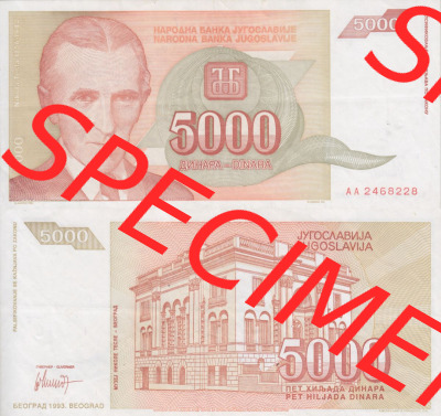 Banknoten Jugoslawien 1993-1993, 5000 Dinar. Vorderseite und Rückseite einer Banknote aus dem nicht mehr existierenden Land Jugoslawien... Sammlung
