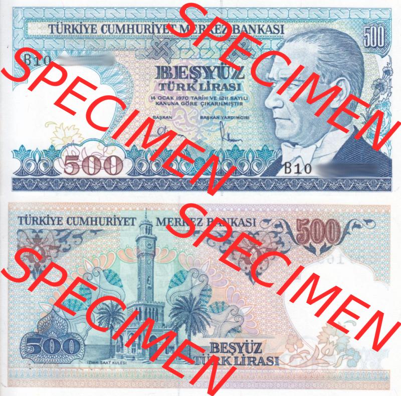 Banknote Türkei 1970, 500 Lire. Vorderseite und Rückseite auf einen Digitalen Bild der Banknoten der Türkei 1968-1986, Banknoten aus Satz der Banknoten der Türkei... Sammlung